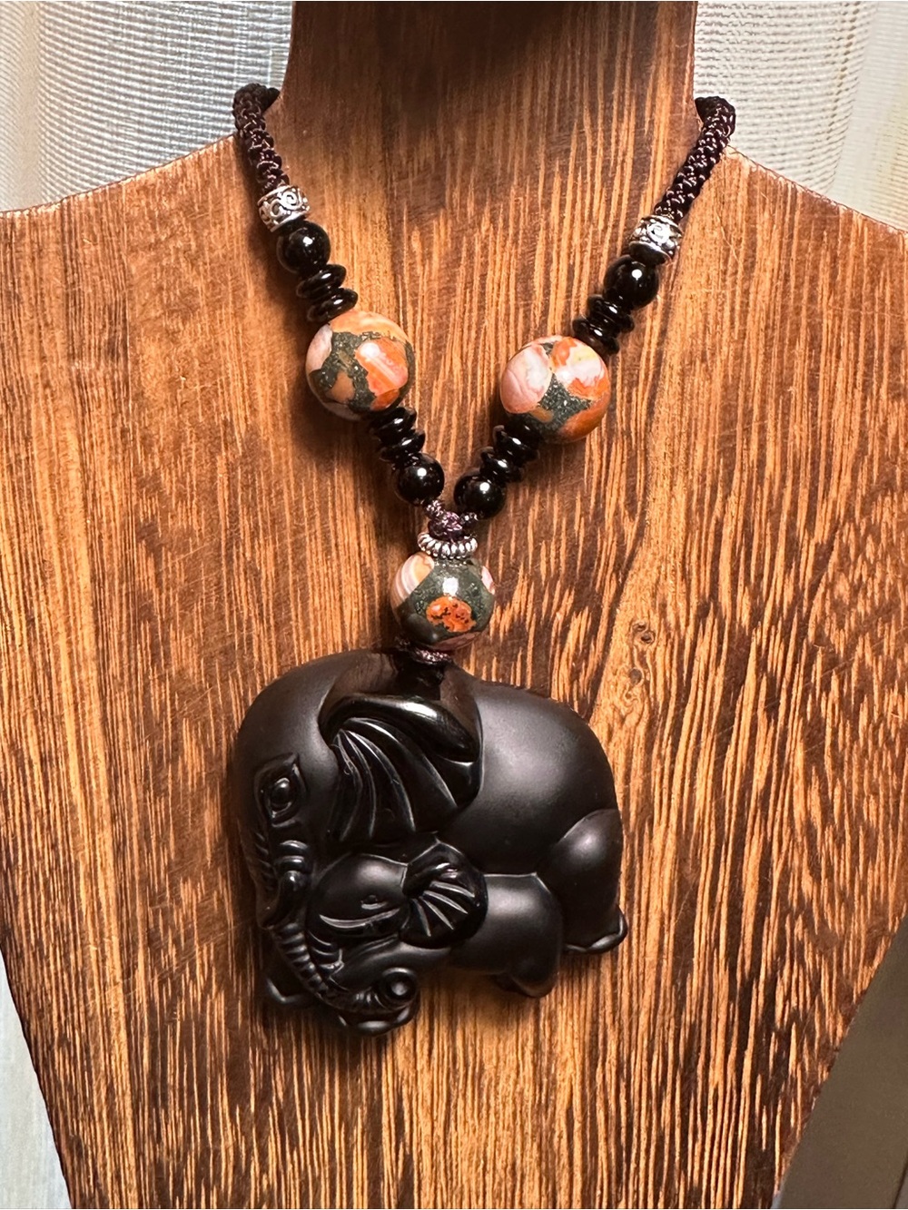 Black Obsidian Elephant Pendant Necklace with Red Agate Beads on Adjustable Rope